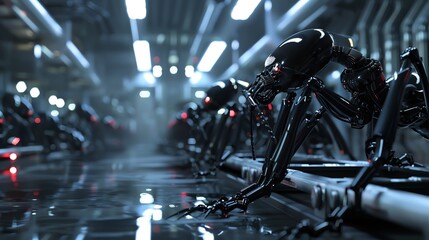Fototapeta premium Expansive scene of cyber ants constructing advanced machinery in an underground tech lab, sleek metal surfaces, dynamic composition, 3D rendering, ultra-high definition