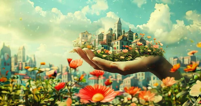 Sustainable urban development highlighted by a hand cupping a blooming city Carbon footprint reduction