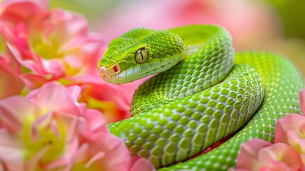 Obraz premium A green snake is laying on a pink flower