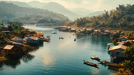 Serene lake formed by a massive earthen dam, with a small fishing village nestled on its shores - Powered by Adobe
