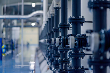 Technologically advanced water purification plant, with intricate piping and monitoring systems in action