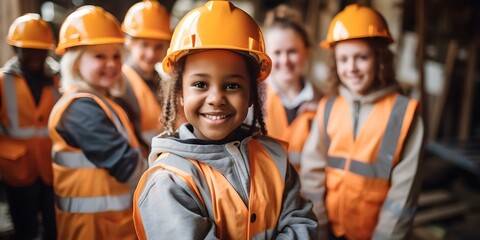Diverse group of workers in work clothes and helmets smiling together. Concept Diverse Team, Workers, Work Clothes, Helmets, Smiling Together