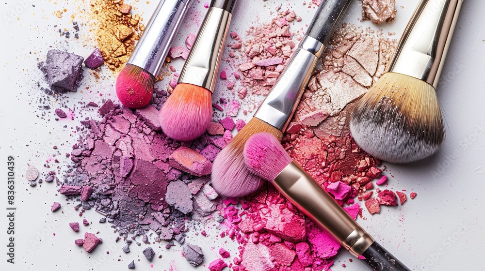 Poster a close-up image of makeup brushes covered in colorful eyeshadow and blush. generative ai