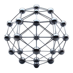 Abstract 3D metallic structure of interconnected spheres and rods, representing molecular model or network. transparent backgrounds