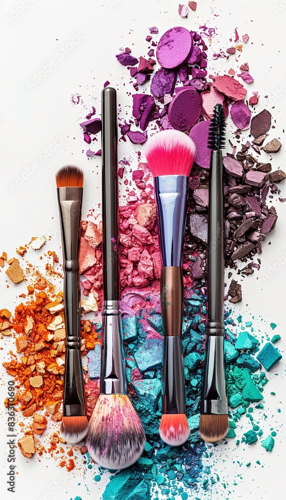 Poster close-up of colorful makeup brushes with crushed eyeshadow and blush on a white background. generati