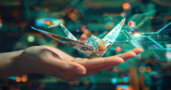 Circuitry and binary code form an origami crane in a hand, poised to fly, representing data's elegance and transformative power. Big data visualization