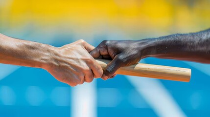 A man is holding a baton and shaking hands with another man