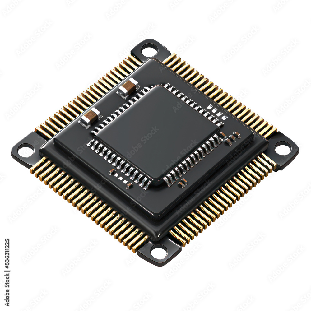 Poster close-up of a microchip with fine details of circuits and pins, showcasing modern technology and ele