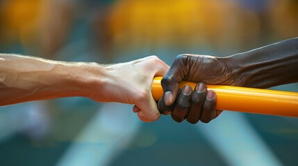 A man is holding a baton and shaking hands with another man