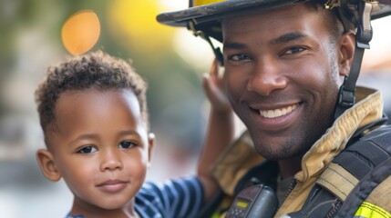 Portrait of african american man firefighter holding little boy on hand