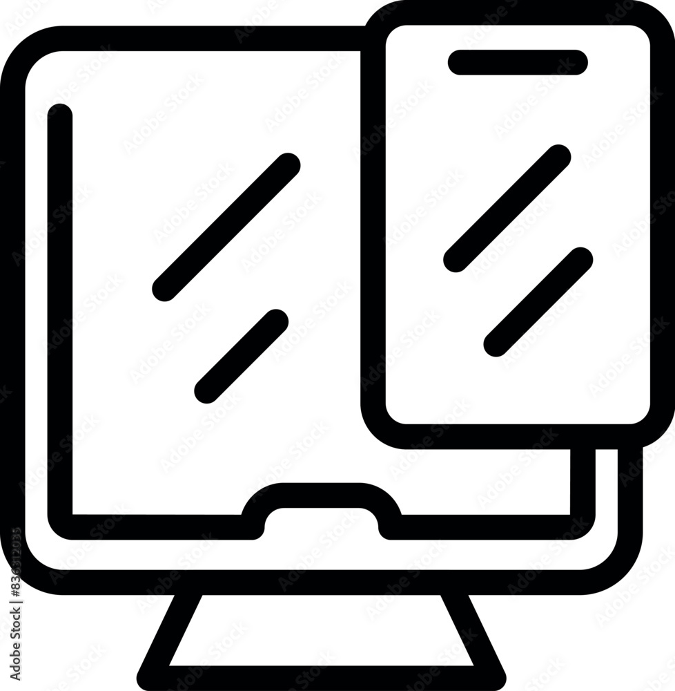 Poster black line art icon of a computer and mobile device representing digital art