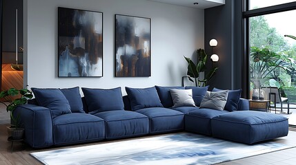 Fototapeta premium Modern living room with blue sectional sofa and large window