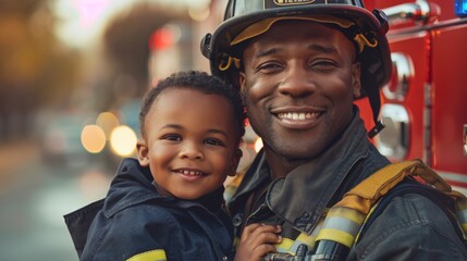 Portrait of african american man firefighter holding little boy on hand