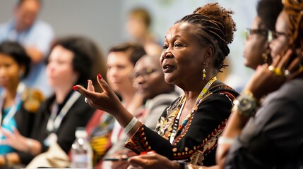 A passionate human rights activist speaks at an international conference, emphasizing global equality and justice.