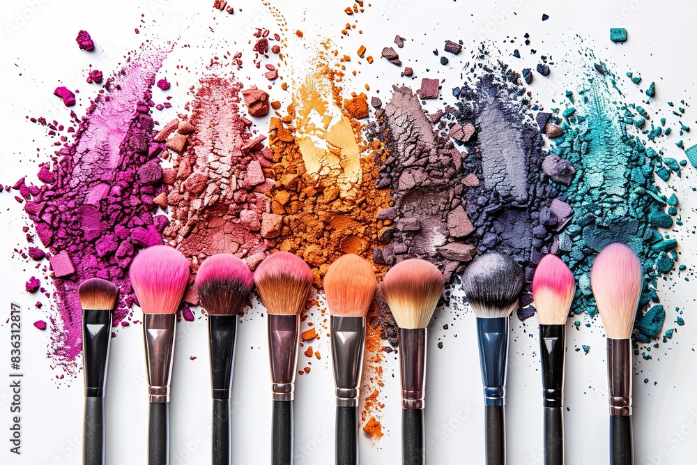 Poster a close-up image of makeup brushes covered in vibrant eyeshadow and blush on a white background. gen