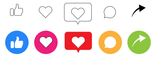 Like, comment, share vector icon set. Social media notification icons. Thumbs up, love heart symbol.
