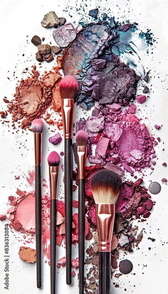 Poster A close-up image of various makeup brushes covered in colorful eyeshadow and blush on a white background. Generative AI