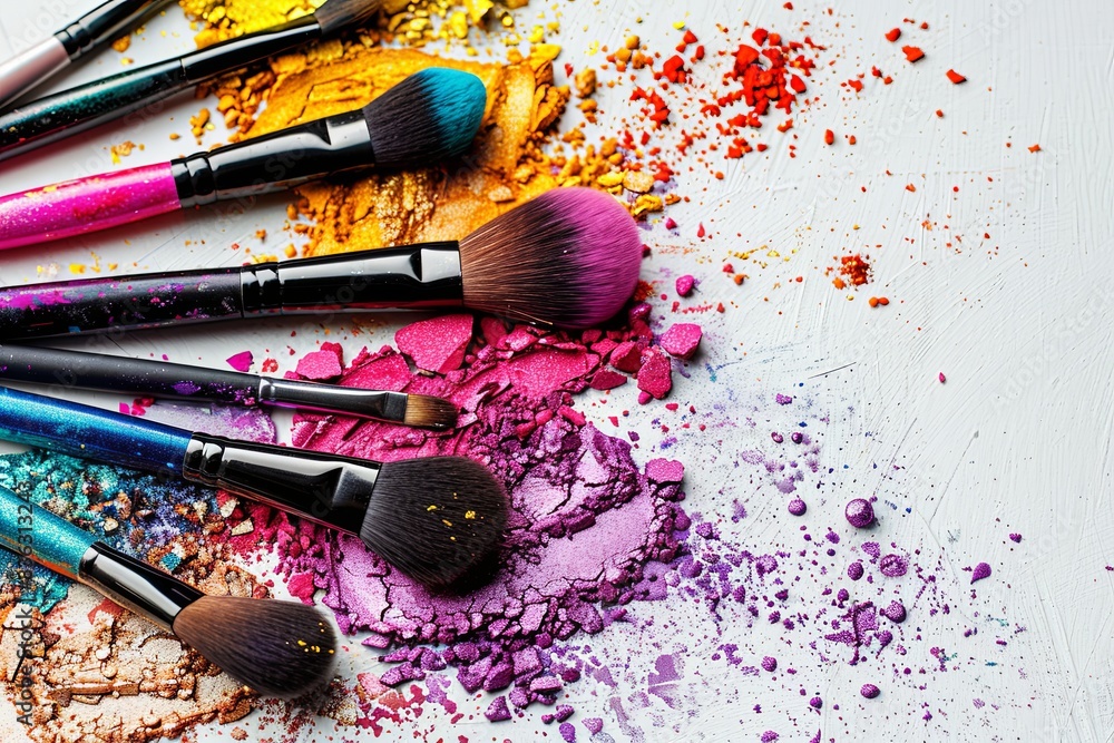 Poster a close-up of makeup brushes covered in colorful eyeshadow on a white background. generative ai