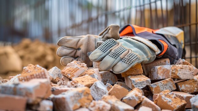 Construction workers gloves on a pile of bricks at a construction site