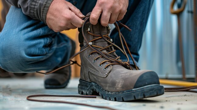 A man kneeling and tying his work boots.