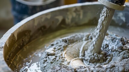 The photo shows a large bowl of wet cement. The cement is being mixed by a machine.