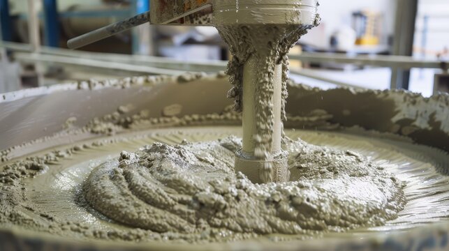 The image shows a large bowl of wet concrete being mixed.