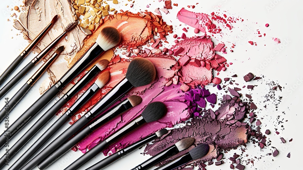 Poster a close-up image of various makeup brushes covered in vibrant eyeshadow and blush on a white backgro