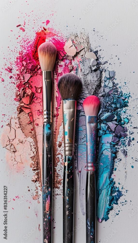 Aufkleber three makeup brushes with colorful eyeshadow and blush on a white backdrop. generative ai