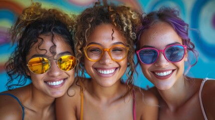Three young women with curly hair and sunglasses are smiling at the camera with a colorful graffiti...