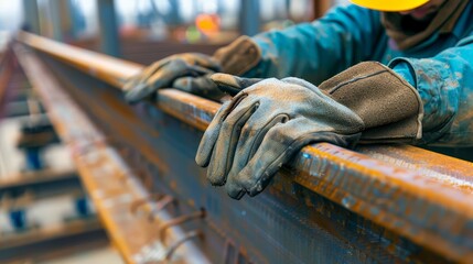Construction worker wearing protective gloves and hardhat working on a building project.