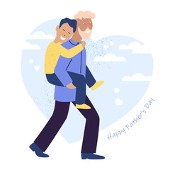 Father’s Day. Dad carries his son on his back. Father holds son. Sketch vector illustration