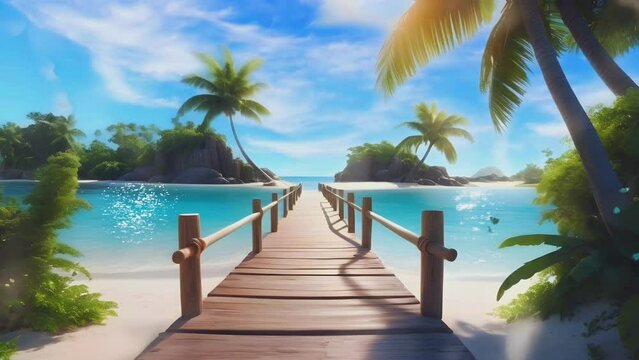 aesthetic wooden bridge amidst the beauty of a white sand beach with a calm atmosphere, seamless looping time lapse virtual 4k video animation background
