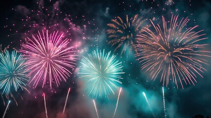 Colorful fireworks of various colors over night sky background, celebration concept