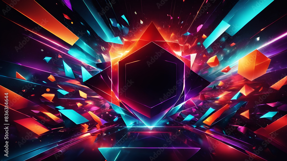 Poster design an abstract background featuring a symphony of geometric shapes in vibrant colors like red, o