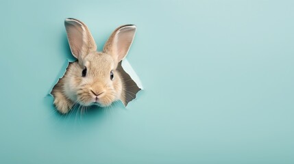 Obraz premium Rabbit peeking out of hole in blue paper. Easter concept