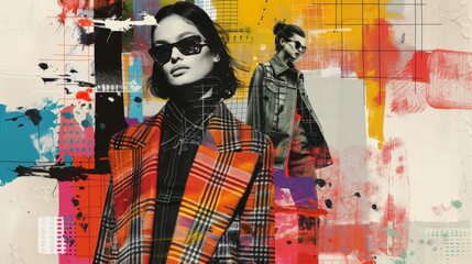 Retro futuristic poster with 80s and 90s high fashion aesthetic. Grunge noise Creative Mixed media collage. Stylish vintage backdrop, grunge graphic design style.