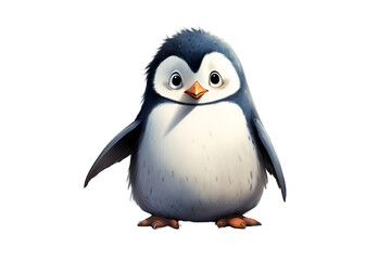 Obraz premium A cute penguin with black and white feathers. He has a yellow beak and webbed feet. He is standing on the ice and looking at the camera.