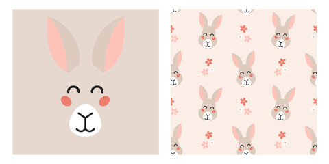Cute cartoon hare head print and seamless pattern with flowers for textile, fabric, wrapping paper, nursery.