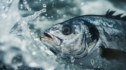 Fresh raw dorado fish frozen in ice with splashes of water