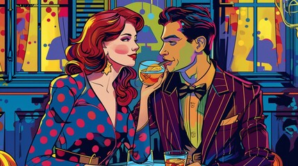 A charming duo of elegant people, two girls or two men on a date in a lively LGBTQ+ festival, Budapest, Hungary, sipping cocktails on the street - one with flowing vibrant hair in a retro polka dot