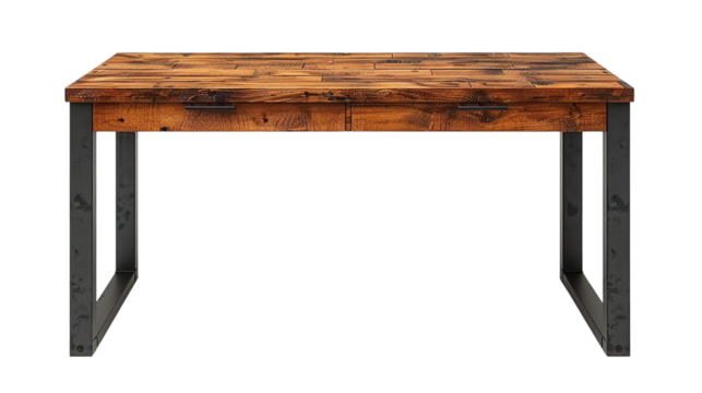 Rustic and industrial style computer desk with a vintage wood grain finish and metal legs.