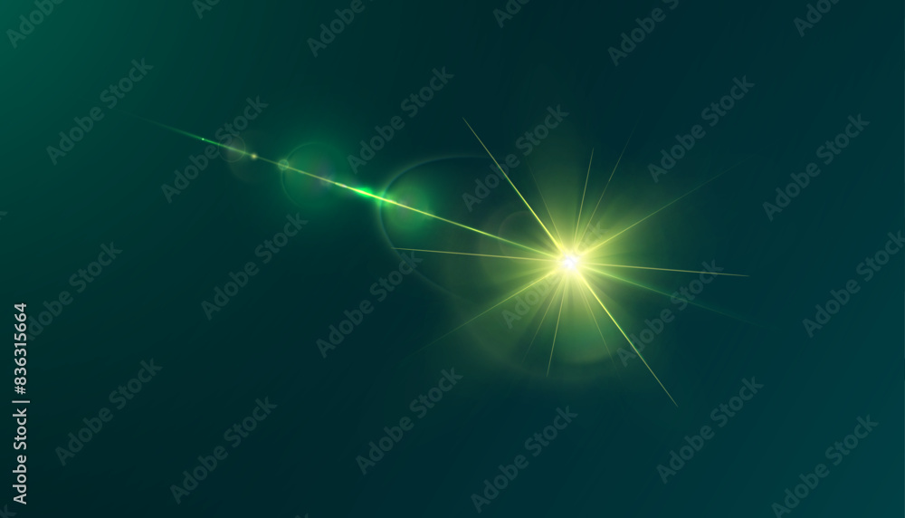 Poster Light effect of green glowing light. Solar flare. Glow effect. Starbursts with twinkling highlights. Beautiful light effect of flickering highlights. Vector 10 EPS