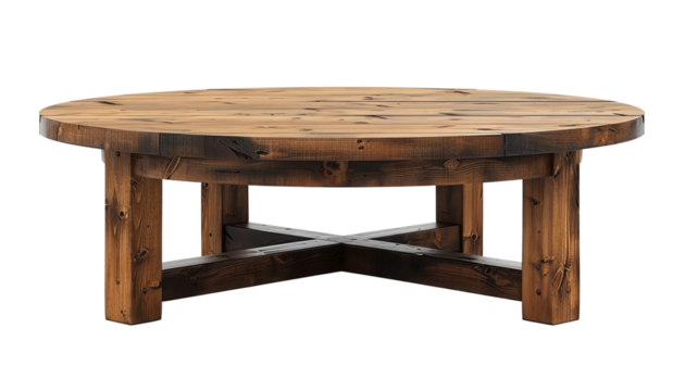 The photo shows a round wooden coffee table with a natural wood finish. The table has a solid wood base with a crosshatch design.