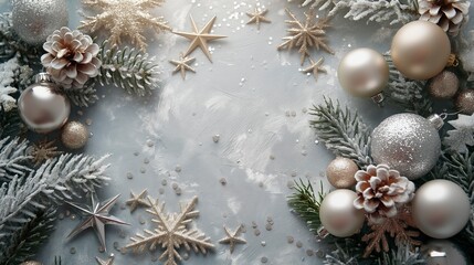 Silver Christmas background with many ornaments including snowflakes and pine cones