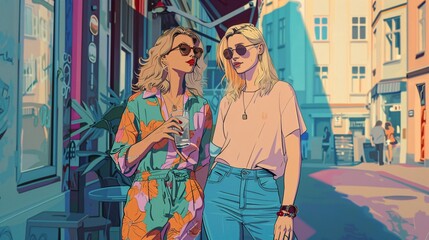 A charming duo of elegant people, two girls or two men on a date in a lively LGBTQ+ festival, Helsinki, Finland, sipping cocktails on the street - one with flowing vibrant hair in a trendy jumpsuit,
