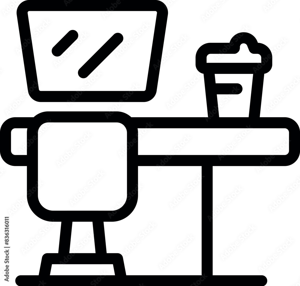 Poster line art icon showing a desk with a computer monitor and a coffee cup, representing a home office se