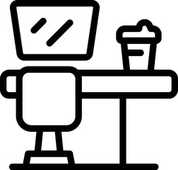 Line art icon showing a desk with a computer monitor and a coffee cup, representing a home office setup
