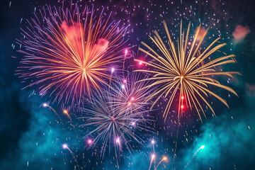 Fototapeta premium 4th July fireworks. Fireworks display on dark sky background.