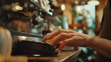 Person ordering coffee via phone at cafe