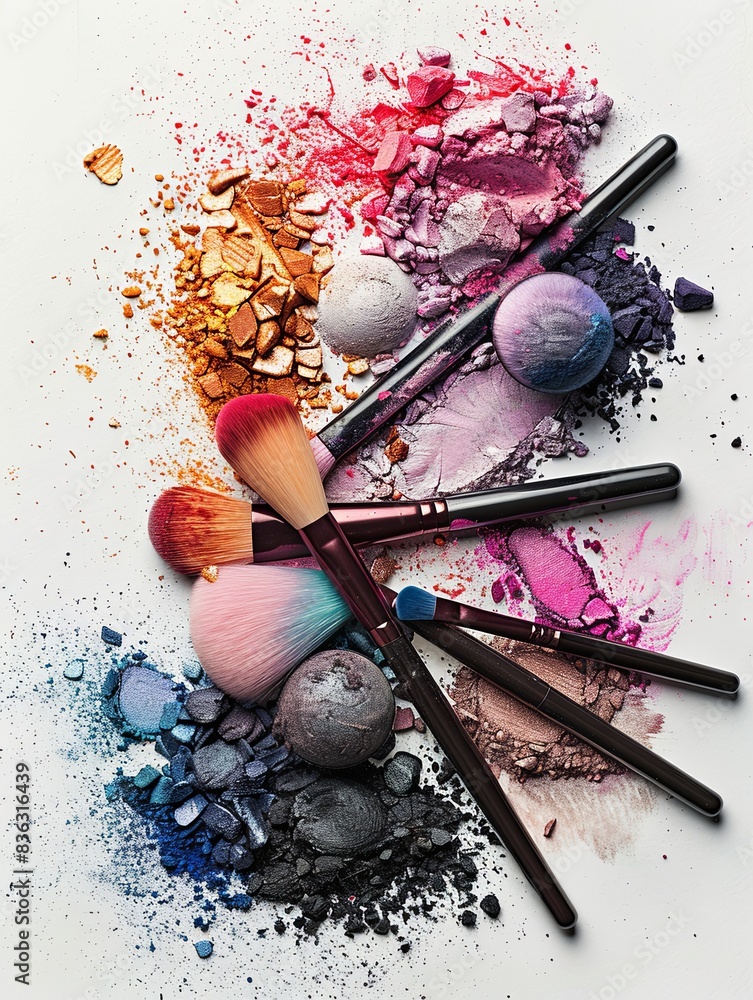 Poster a close-up photo of several makeup brushes with vibrant eyeshadows and blush on a white background. 